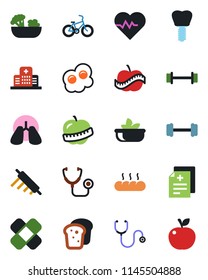 Color and black flat icon set - heart pulse vector, diagnosis, stethoscope, patch, barbell, bike, lungs, implant, diet, hospital, salad, bread, rolling pin, omelette, apple fruit