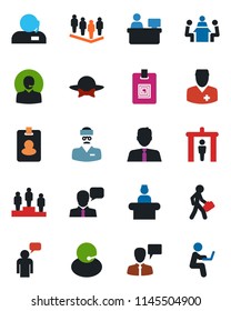 Color and black flat icon set - security gate vector, reception, speaking man, pedestal, team, manager place, doctor, support, speaker, identity card, meeting, estate agent, dress code, pass