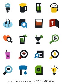 Color and black flat icon set - document search vector, heart diagnostic, ampoule, cargo, water supply, estate, client, wine card, drink, cocktail, phyto bar, beer, energy saving bulb, money, idea