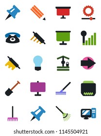 Color and black flat icon set - right arrow vector, presentation board, drawing pin, bulb, shovel, rake, well, hdmi, brightness, cellular signal, pencil, phone, rolling, pc