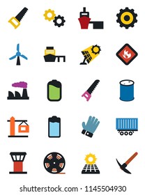 Color and black flat icon set - airport tower vector, gear, factory, glove, saw, truck trailer, sea port, flammable, oil barrel, reel, battery, sun panel, crane, windmill, hard work