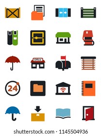 Color and black flat icon set - 24 around vector, automatic door, book, store, container, umbrella, package, scanner, folder, copybook, document, mailbox, jalousie, garage gate control