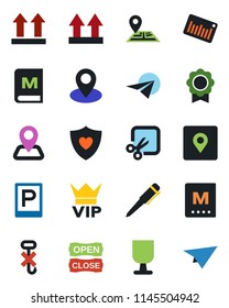 Color and black flat icon set - parking vector, vip, pen, heart shield, navigation, pin, fragile, up side sign, no hook, barcode, cut, place tag, sertificate, menu, open close, paper plane