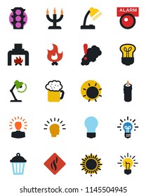 Color and black flat icon set - sun vector, bulb, fire, garden light, traffic, desk lamp, fireplace, beer, candle, smoke detector, alarm led, shining head, idea