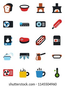Color and black flat icon set - coffee machine vector, fireplace, thermometer, air conditioner, bread, steak, hot dog, bowl, steaming pan, turkish, water heater
