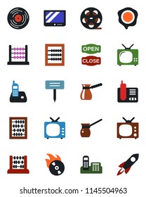 Color and black flat icon set - abacus vector, stamp, plant label, reel, vinyl, flame disk, tv, radio phone, office, open close, turkish coffee, rocket