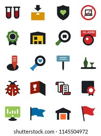 Color and black flat icon set - no laptop vector, contract, statistic monitor, lady bug, plant label, blood test vial, heart diagnostic, shield, warehouse, package, search cargo, sertificate, flag