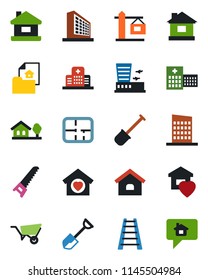 Color and black flat icon set - airport building vector, office, shovel, ladder, wheelbarrow, saw, house, hospital, with tree, plan, estate document, sweet home, city, crane, message