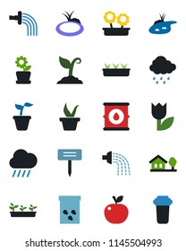 Color and black flat icon set - seedling vector, watering, sproute, rain, plant label, seeds, pond, tulip, oil barrel, house with tree, flower in pot, apple fruit, water filter