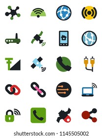 Color and black flat icon set - wireless notebook vector, satellite, network, share, chain, rca, call, cellular signal, lock, router, home control app, social media