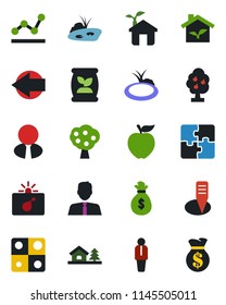 Color and black flat icon set - bomb in case vector, left arrow, manager, plant label, pond, fertilizer, application, point graph, house with tree, fruit, estate agent, apple, eco, money bag