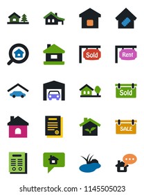Color and black flat icon set - house vector, pond, contract, with garage, tree, sale, rent, sold signboard, estate search, smart home, eco, message