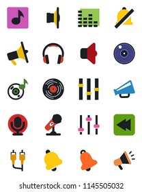 Color and black flat icon set - vinyl vector, microphone, speaker, loudspeaker, settings, equalizer, headphones, rewind, rca, tuning, bell, mute, music, sound, advertising