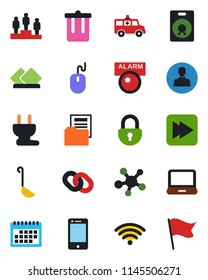 Color and black flat icon set - trash bin vector, pedestal, mouse, ambulance car, cell phone, laptop pc, share, chain, speaker, fast forward, user, lock, calendar, document folder, wireless, ladle