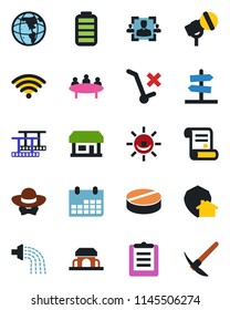 Color and black flat icon set - meeting vector, calendar, contract, watering, pills, store, clipboard, no trolley, film frame, microphone, battery, hr, wireless, cafe building, dress code, alarm led