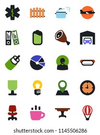 Color and black flat icon set - plane vector, office chair, binder, coffee, bulb, fence, ambulance star, pin, clock, fragile, rca, battery, pie graph, support, garage, table, ham, hot dog