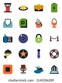 Color and black flat icon set - airport tower vector, fence, lock, office chair, pond, phone, vinyl, mail, stop button, coffee, document search, tie, serviette, waiter, egg stand, police, battery