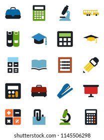 Color and black flat icon set - airport bus vector, book, calculator, graduate, presentation board, microscope, case, paper clip, abacus, pencil, stapler