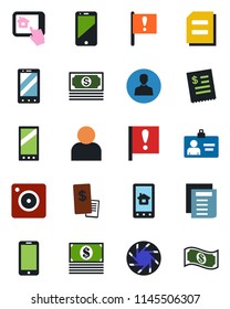 Color and black flat icon set - mobile phone vector, identity card, document, important flag, cash, cell, camera, user, restaurant receipt, home control app