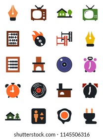 Color and black flat icon set - elevator vector, alarm clock, abacus, stamp, fireplace, film frame, vinyl, flame disk, ink pen, house with tree, tv, power plug