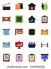 Color and black flat icon set - fence vector, flight table, meeting, clipboard, clapboard, sale, rooms, sold signboard, smart home, cutting board, chip, presentation