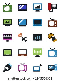 Color and black flat icon set - plane radar vector, wireless notebook, pc, statistic monitor, pulse, tv, touch screen, laptop, hdmi, statistics, intercome