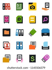 Color and black flat icon set - office binder vector, document search, receipt, folder, photo gallery, paper, tray, archive box, usb flash