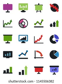 Color and black flat icon set - growth statistic vector, presentation board, crisis graph, monitor, circle chart, statistics, bar, pie, point, arrow up