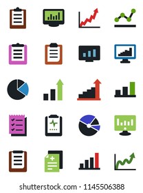 Color and black flat icon set - growth statistic vector, monitor, diagnosis, pulse clipboard, statistics, bar graph, pie, checklist, point