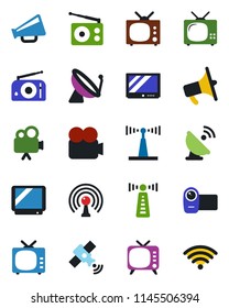 Color and black flat icon set - antenna vector, satellite, radio, loudspeaker, tv, video camera, wireless