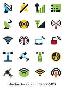 Color and black flat icon set - antenna vector, wireless notebook, radar, satellite, equalizer, mute, cellular signal, lock
