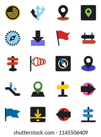 Color and black flat icon set - escalator vector, signpost, right arrow, left, wind, radar, route, pin, download, place tag, compass, flag, guidepost