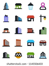 Color and black flat icon set - taxi vector, shop, office building, garden light, navigation, store, city house, cafe, storefront