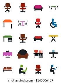 Color and black flat icon set - cafe vector, waiting area, office chair, desk, picnic table, disabled, cushioned furniture, restaurant, man with notebook