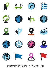 Color and black flat icon set - globe vector, seat map, route, navigation, earth, pin, mobile tracking, network, place tag, compass, flag