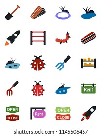 Color and black flat icon set - garden fork vector, shovel, lady bug, caterpillar, pond, rack, rent, bacon, open close, rocket