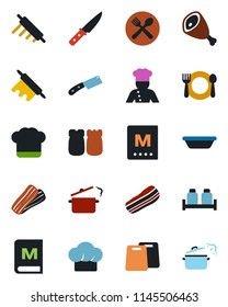 Color and black flat icon set - cook vector, cafe, hat, menu, bacon, salt and pepper, ham, bowl, rolling pin, cutting board, knife, steaming pan