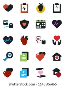 Color and black flat icon set - heart vector, pulse, diagnosis, blood pressure, diagnostic, shield, hand, real, medical calendar, clipboard, sweet home