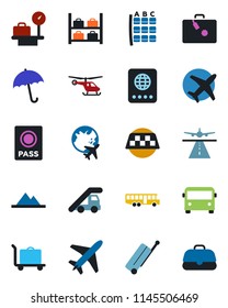 Color and black flat icon set - plane vector, runway, taxi, suitcase, baggage trolley, airport bus, umbrella, passport, ladder car, helicopter, seat map, luggage storage, scales, globe, mountains