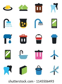 Color and black flat icon set - trash bin vector, shower, bucket, tooth, mobile, blank box, water supply, bathroom, serviette, filter, windmill