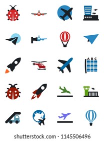 Color and black flat icon set - plane vector, departure, arrival, ladder car, boarding, helicopter, seat map, globe, airport building, lady bug, rocket, paper, air balloon