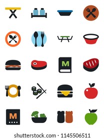 Color and black flat icon set - spoon and fork vector, picnic table, cafe, menu, salad, salt pepper, steak, hamburger, bowl, sushi, apple fruit