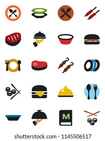 Color and black flat icon set - spoon and fork vector, dish, cafe, menu, plates, waiter, steak, kebab, hamburger, bowl, sushi