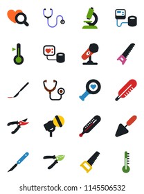 Color and black flat icon set - trowel vector, pruner, saw, stethoscope, blood pressure, thermometer, heart diagnostic, microscope, scalpel, microphone