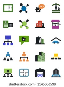 Color and black flat icon set - hierarchy vector, well, molecule, hospital, office building, garage, plan, home message