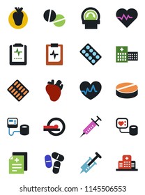 Color and black flat icon set - heart pulse vector, diagnosis, syringe, blood pressure, pills, blister, tomography, real, clipboard, hospital