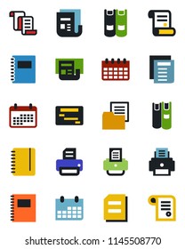Color and black flat icon set - contract vector, book, notepad, document, calendar, printer, folder, news, copybook, schedule
