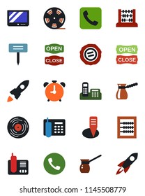 Color and black flat icon set - alarm clock vector, phone, abacus, stamp, plant label, reel, vinyl, tv, radio, call, office, open close, turkish coffee, rocket