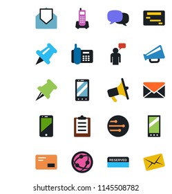 Color and black flat icon set - mobile phone vector, speaking man, mail, office, loudspeaker, network, cell, paper pin, message, clipboard, reserved, schedule