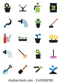 Color and black flat icon set - flower in pot vector, shovel, rake, seedling, watering, pruner, hoe, sickle, garden sprayer, fertilizer, irrigation